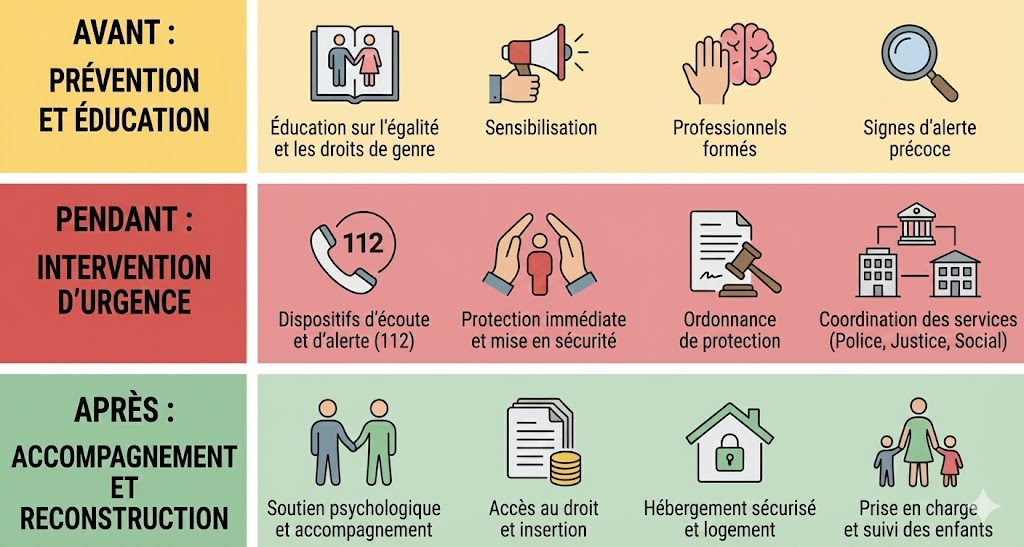 Schéma du dispositif intégral - Avant, pendant et après les violences